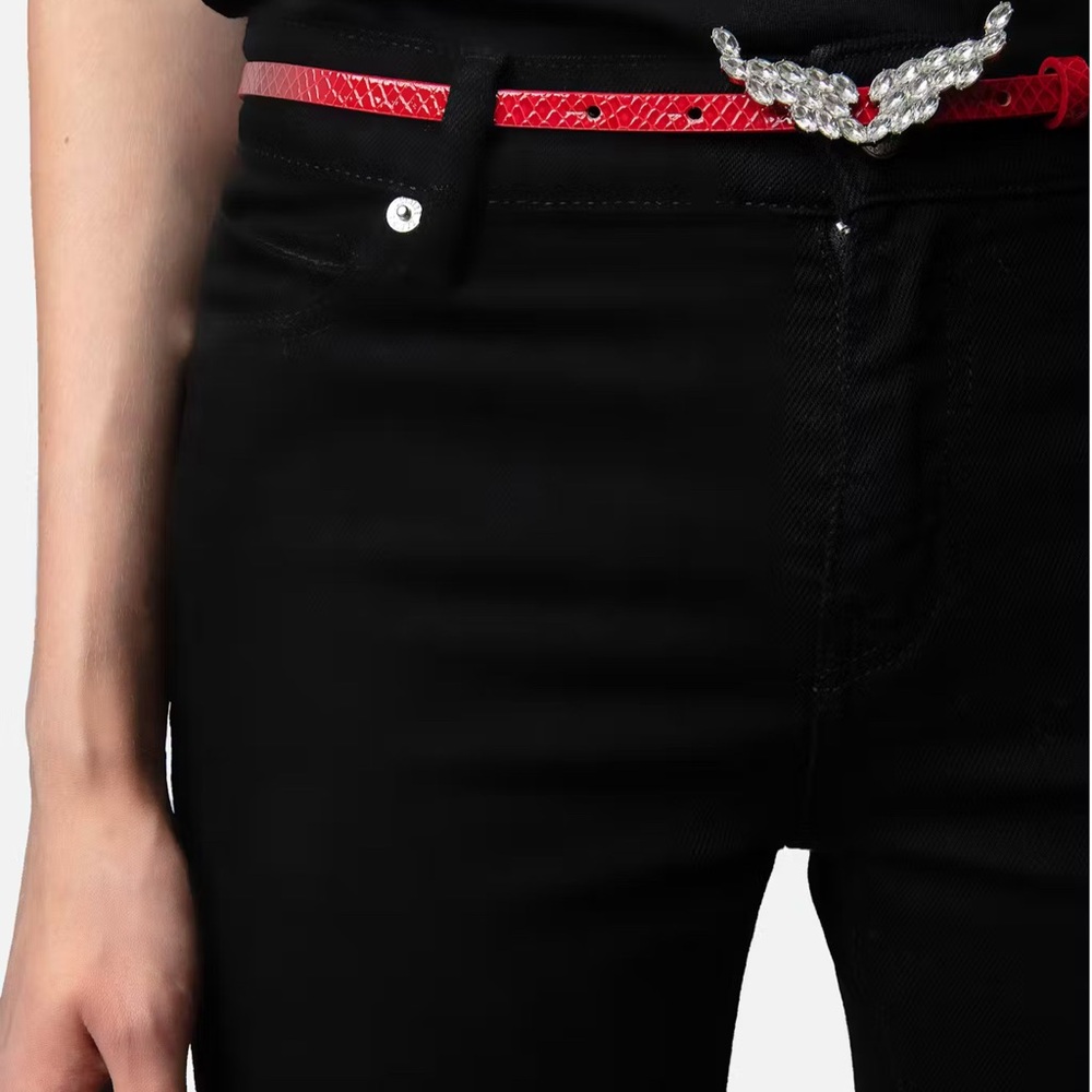 ZADIG & VOLTAIRE red python-effect patent leather belt with wings charm.